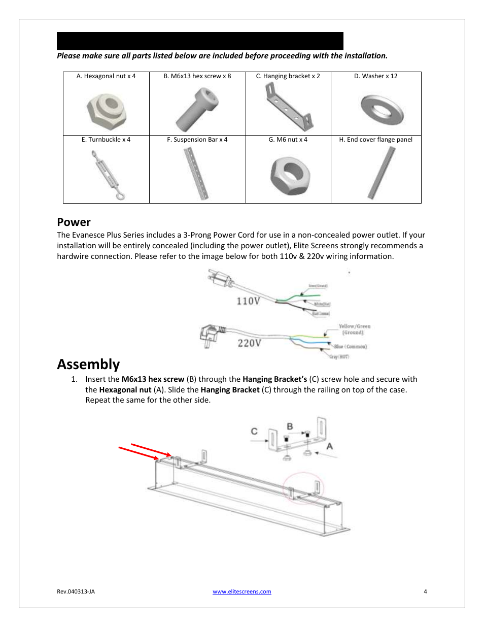 Hardware parts list for evanesce plus series, Assembly, Power | Elite Screens Evanesce Plus Series User Manual | Page 4 / 6