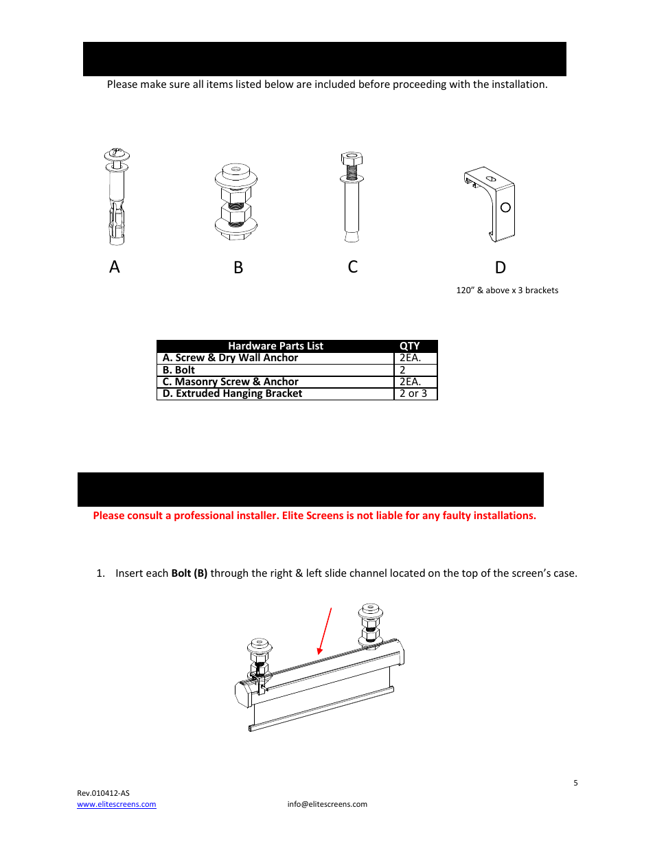 Hardware parts list for home 2 series, Installation instructions, Ab c d | Elite Screens Home2 Series User Manual | Page 5 / 9