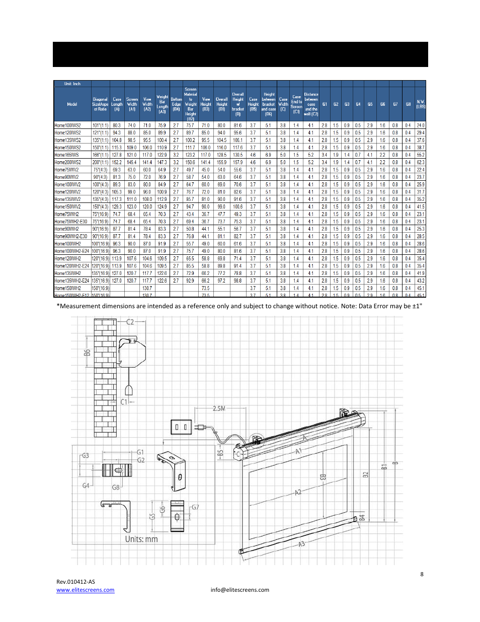 Home 2 dimension table | Elite Screens Home2 Series User Manual | Page 8 / 9