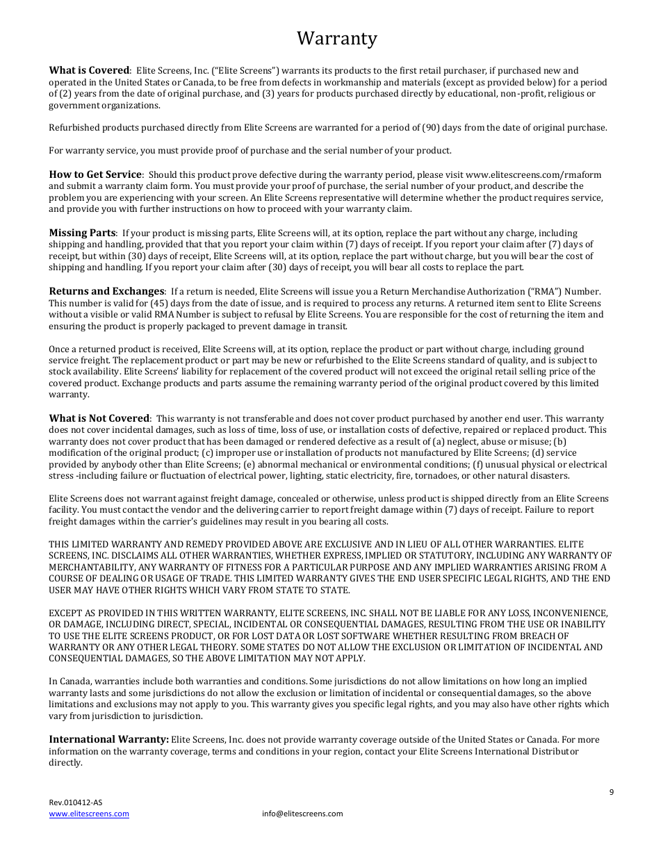 Limited warranty policy | Elite Screens Home2 Series User Manual | Page 9 / 9