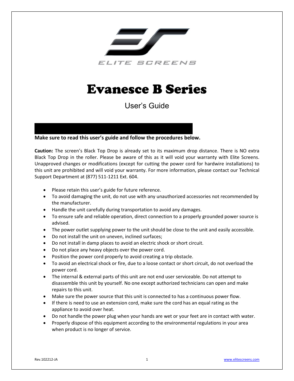 Elite Screens Evanesce B Series User Manual | 9 pages