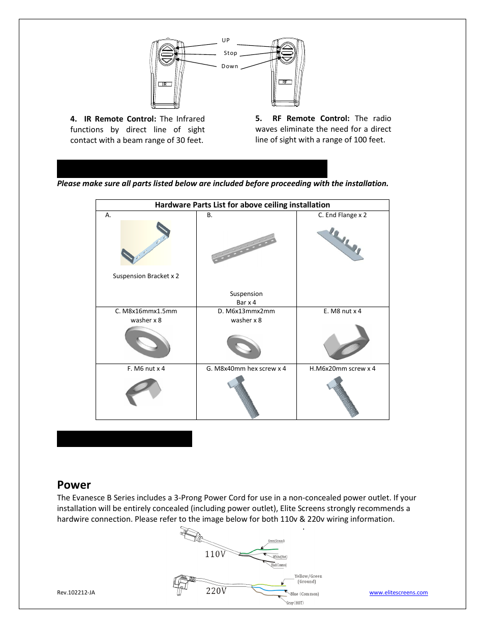 Hardware parts list for evanesce b series, Installation instructions, Power | Elite Screens Evanesce B Series User Manual | Page 4 / 9