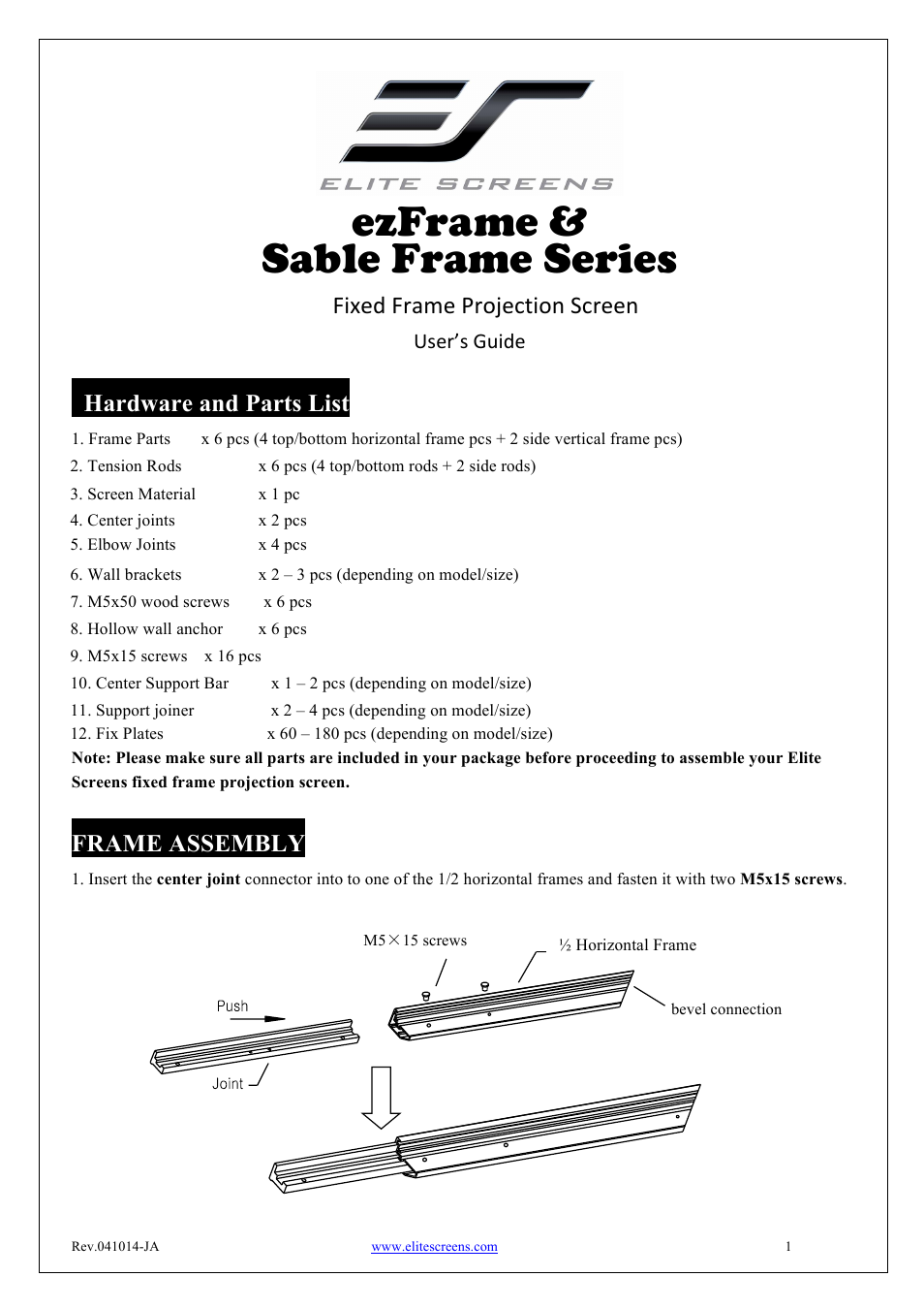 Elite Screens ezFrame Series User Manual | 7 pages