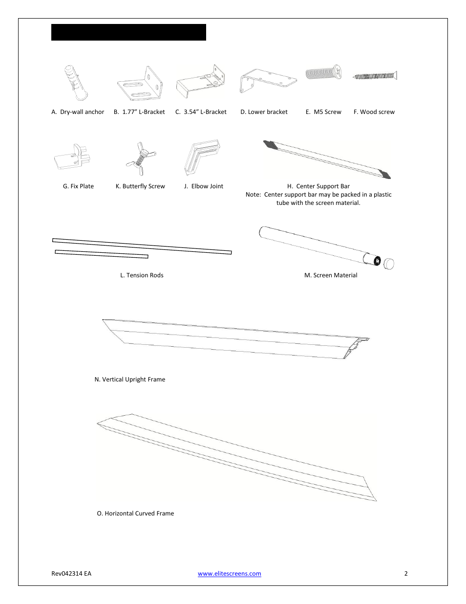 Hardware and parts list | Elite Screens Lunette Series User Manual | Page 2 / 9