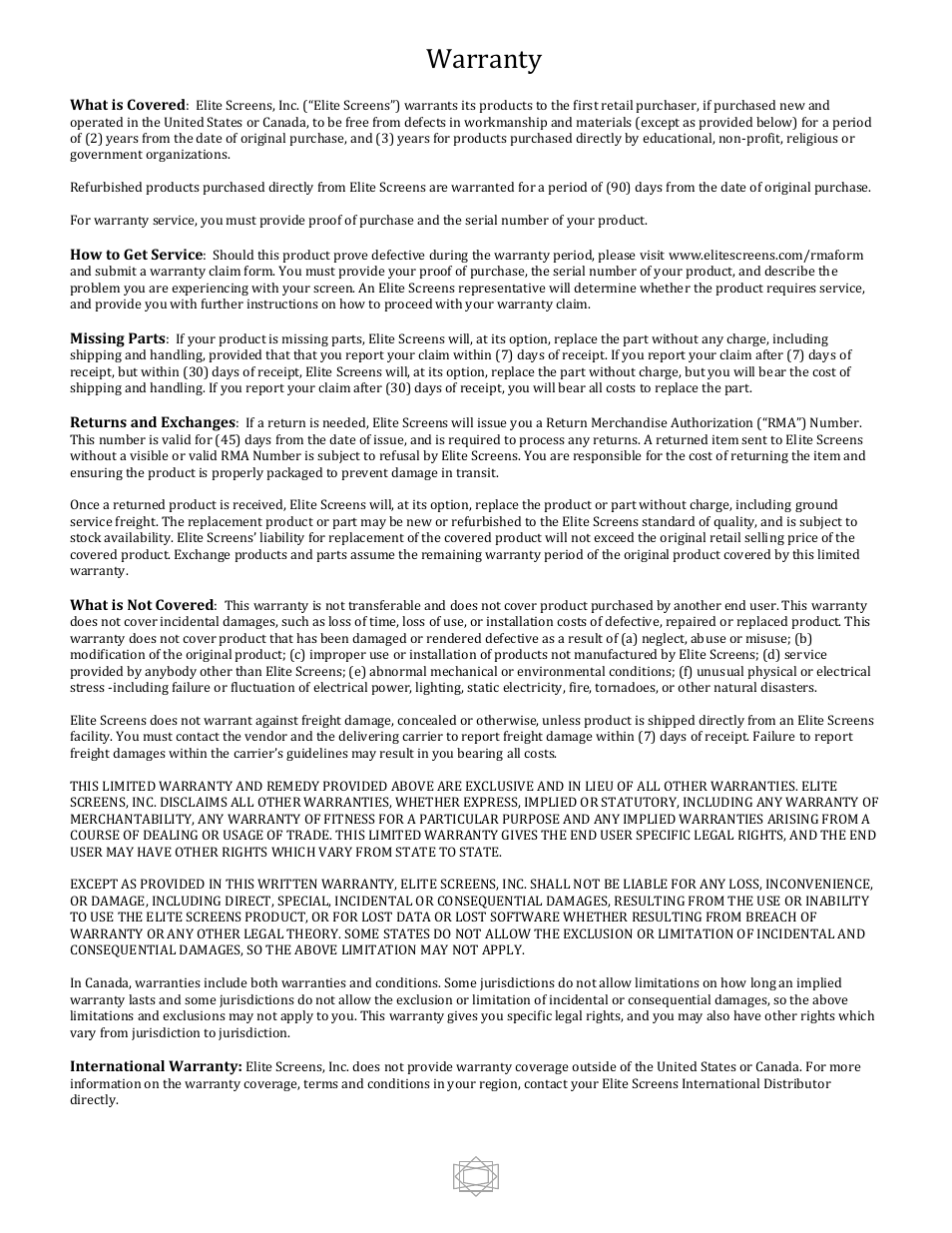 Limited warranty policy | Elite Screens Pro Series User Manual | Page 6 / 6