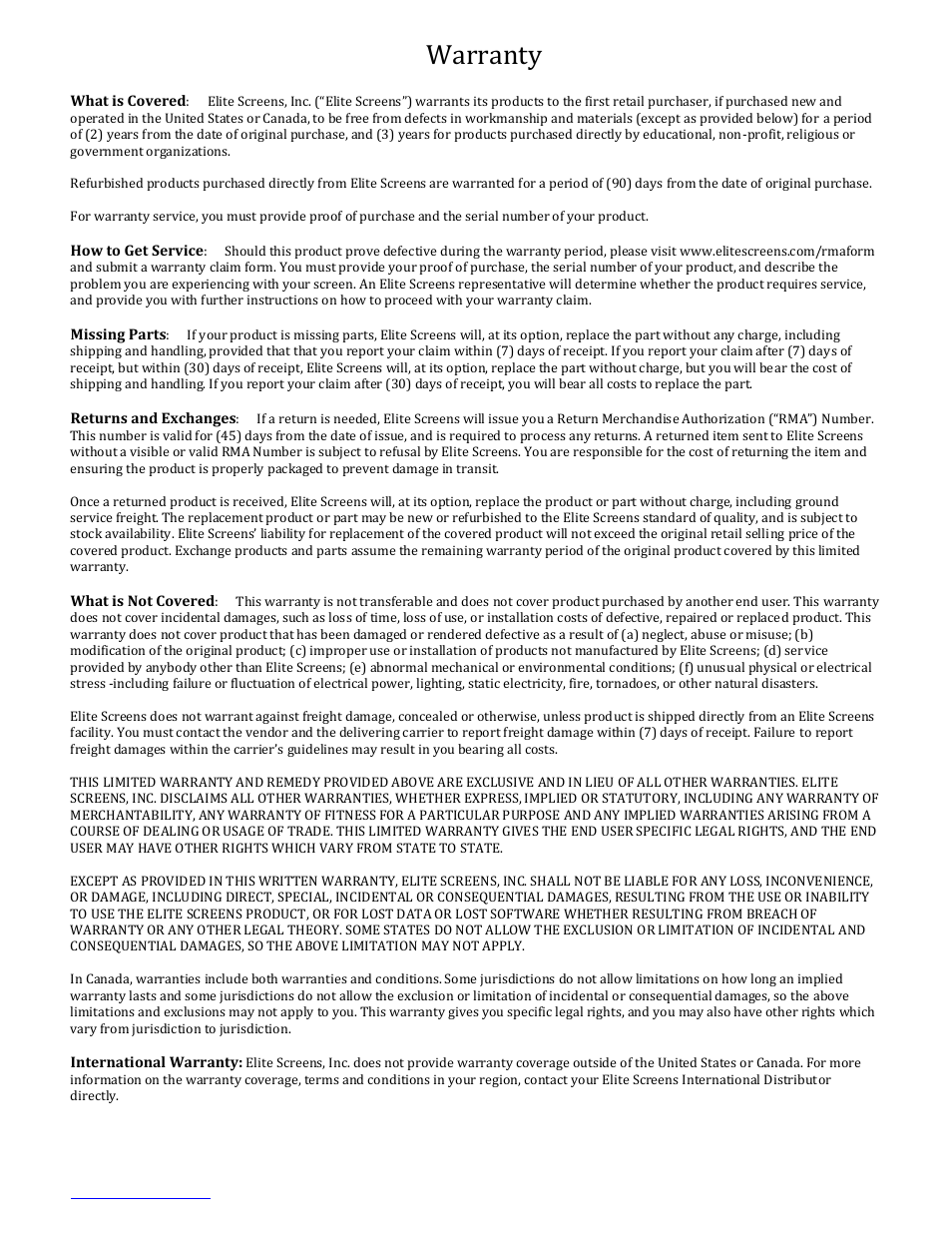Limited warranty policy | Elite Screens QuickStand Series User Manual | Page 10 / 10