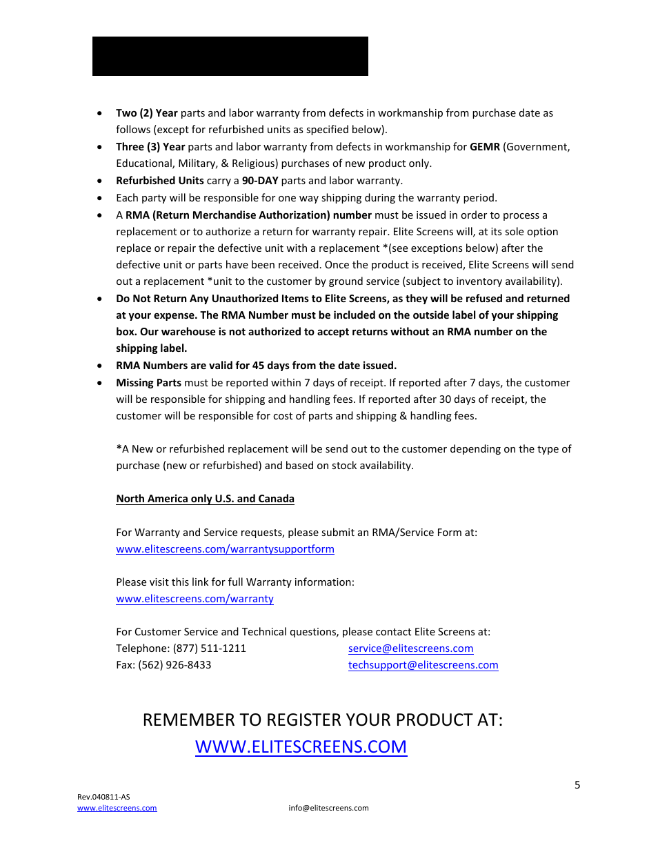 Warranty policy | Elite Screens DIY Rear Series User Manual | Page 5 / 6