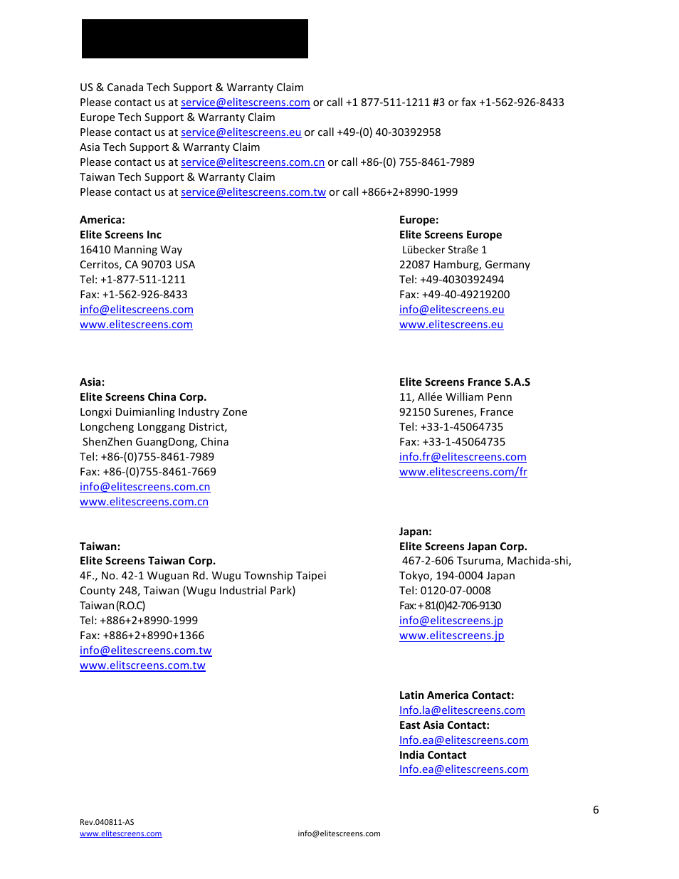 Contact info | Elite Screens DIY Rear Series User Manual | Page 6 / 6