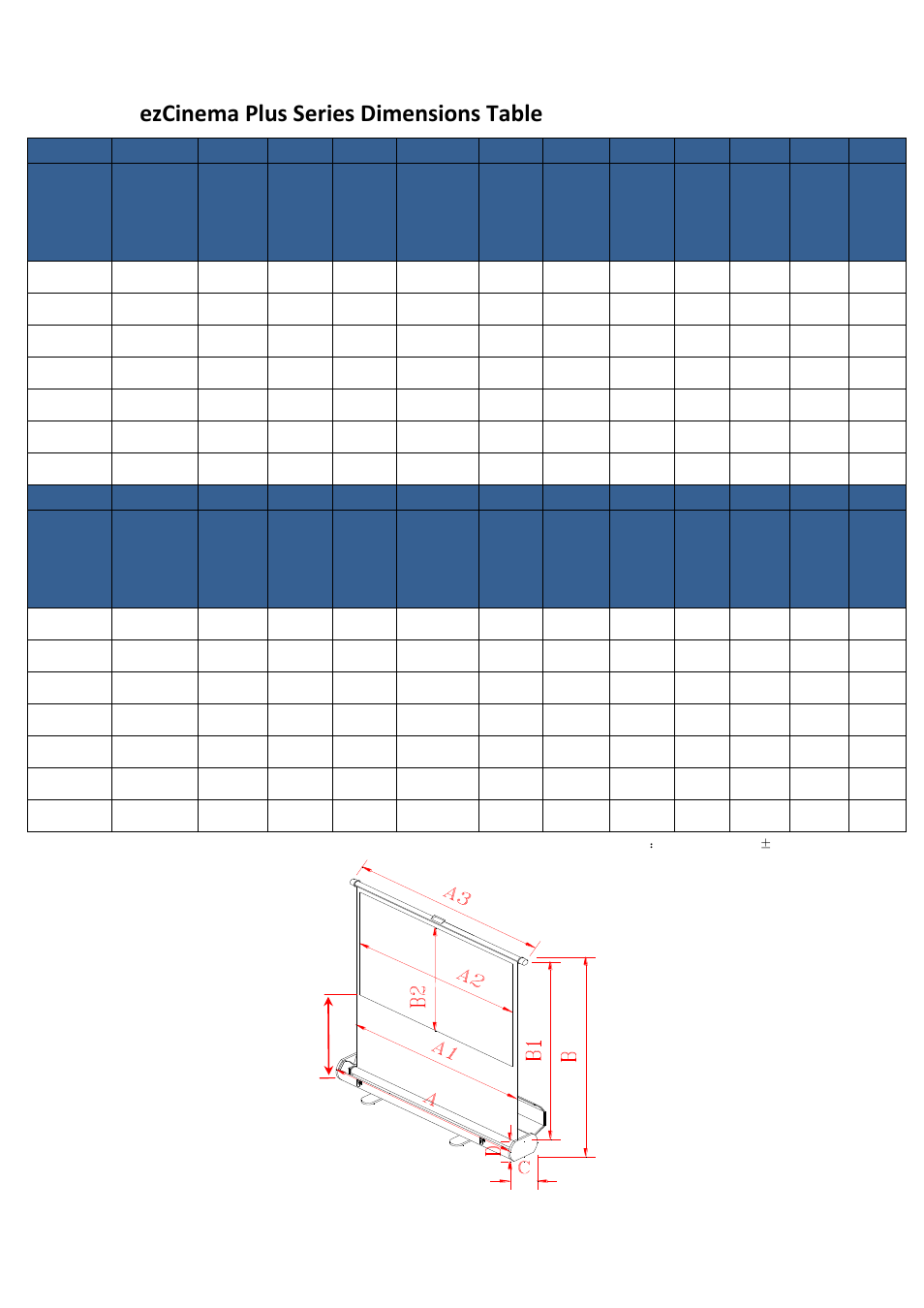 Ezcinema plus series dimensions table | Elite Screens ezCinema Plus Series User Manual | Page 6 / 7