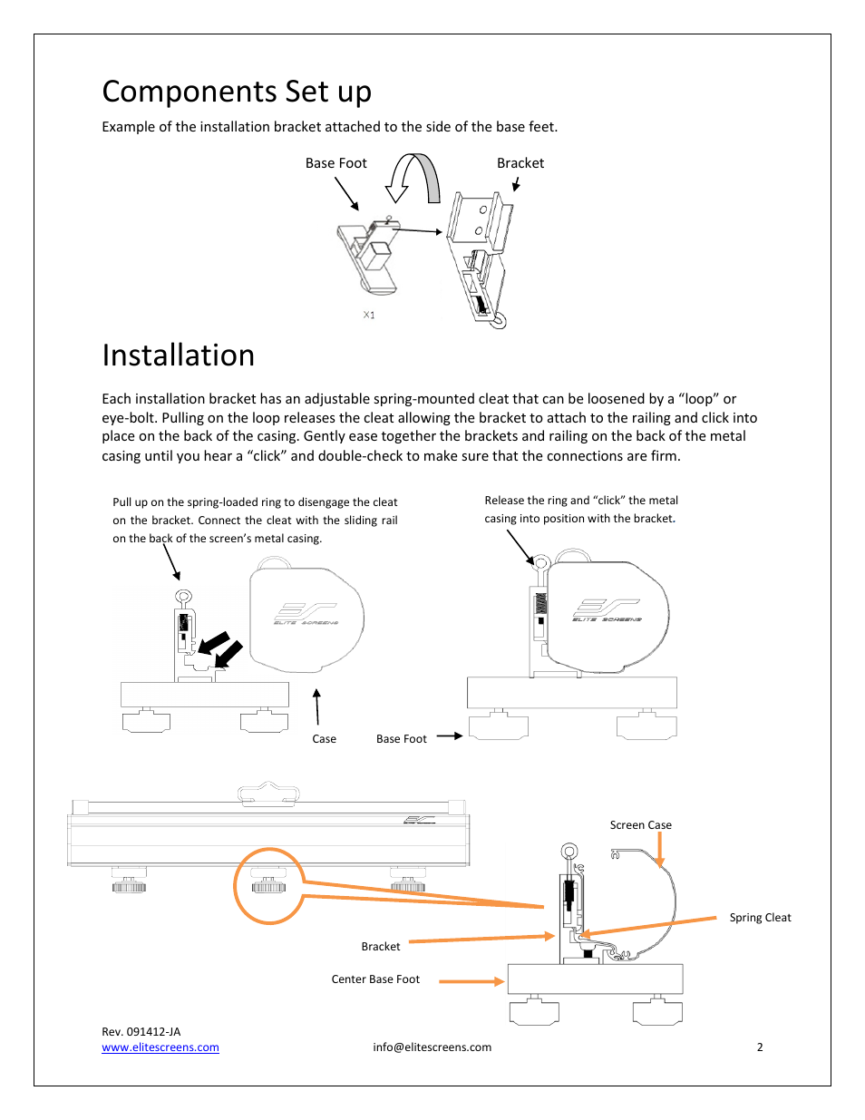 Components set up, Installation | Elite Screens Reflexion Series User Manual | Page 2 / 6