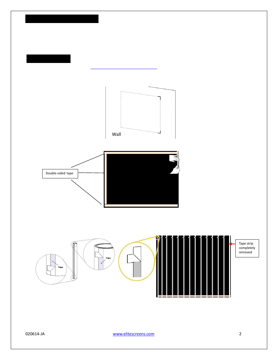Pre-installation notice, Installation | Elite Screens Insta-DE User Manual | Page 2 / 4