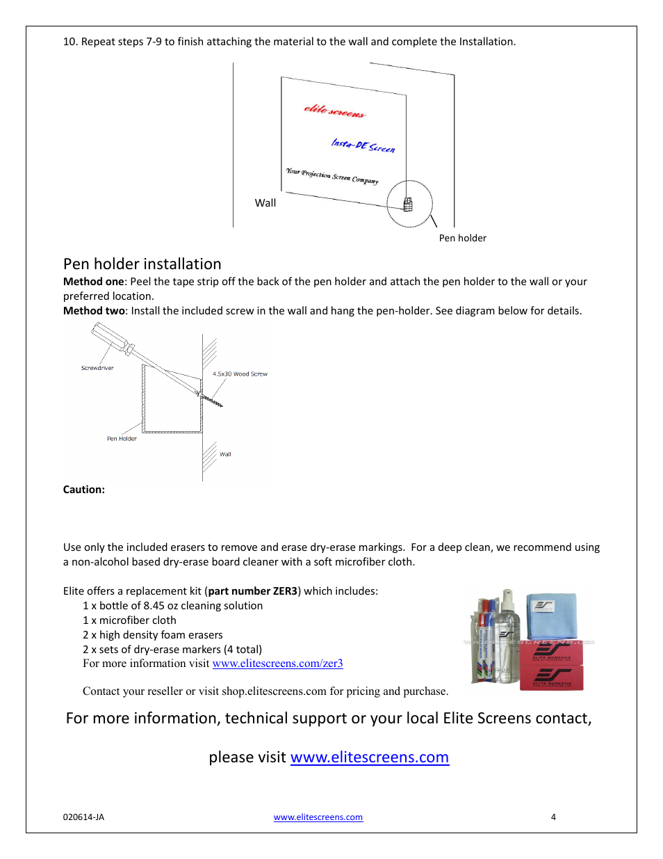 Pen holder installation | Elite Screens Insta-DE User Manual | Page 4 / 4