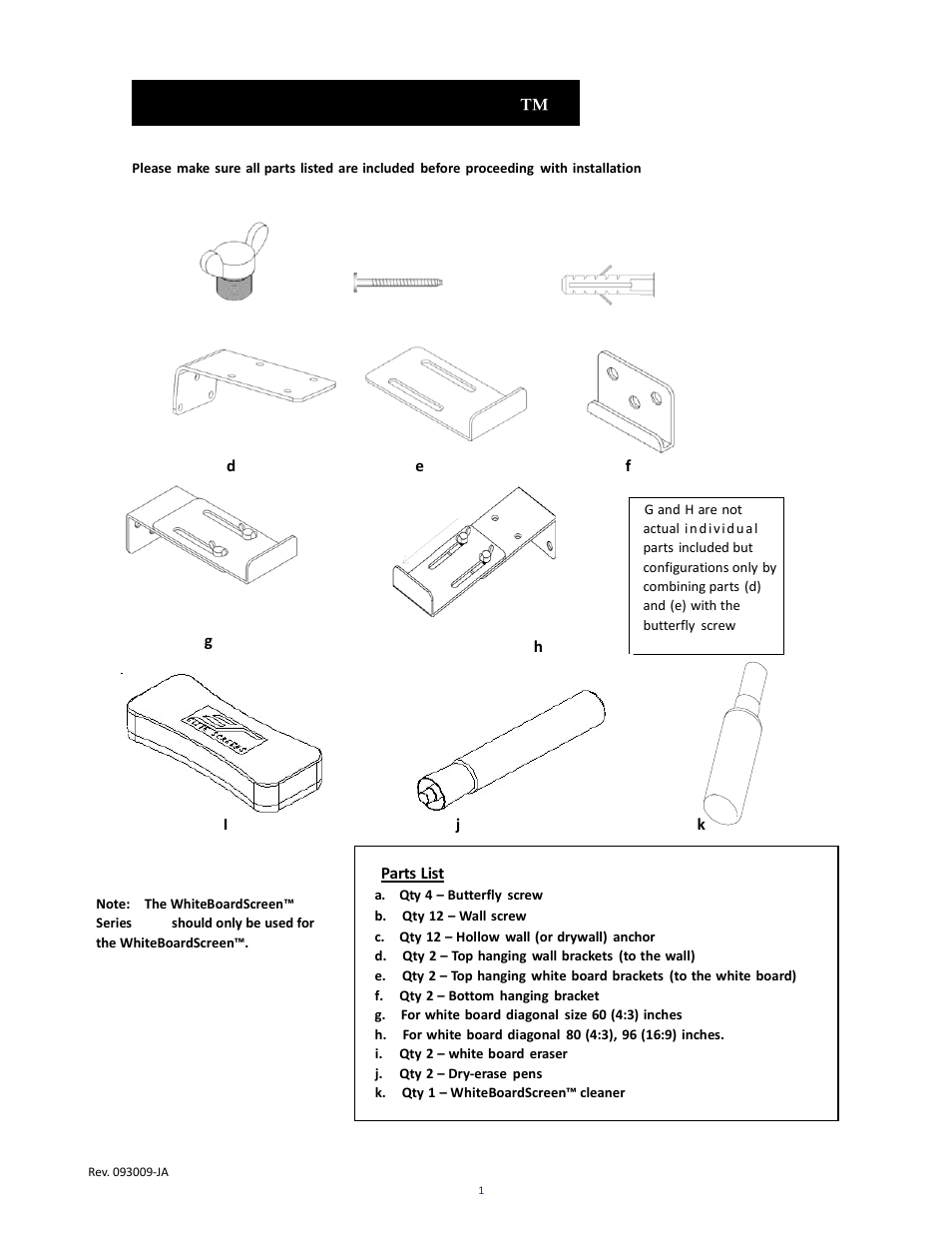 Parts list for whiteboardscreen | Elite Screens WhiteBoardScreen User Manual | Page 2 / 11