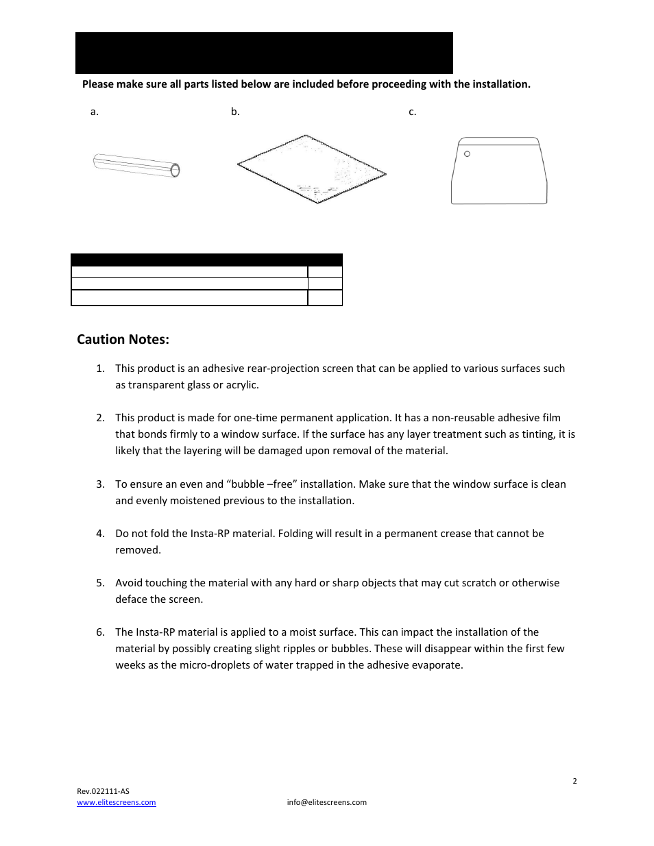 Parts list for insta-rp series | Elite Screens Insta-RP2 Series User Manual | Page 2 / 6