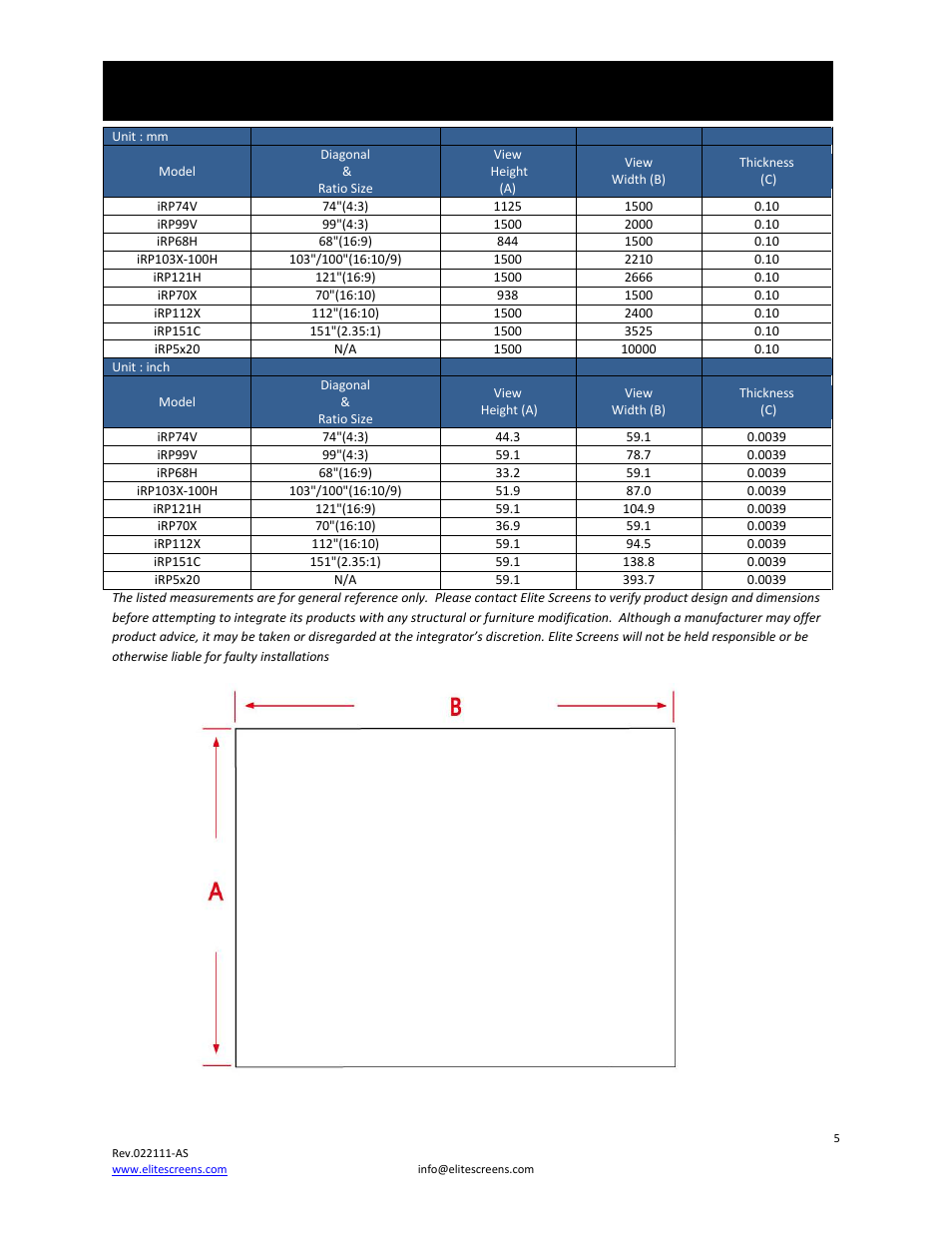 Insta-rp dimension table | Elite Screens Insta-RP2 Series User Manual | Page 5 / 6