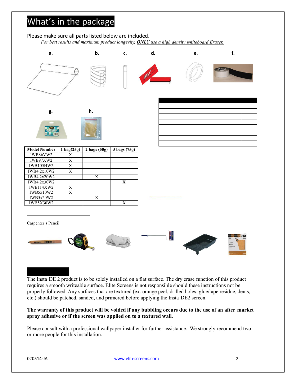 What’s in the package, Preparation | Elite Screens Insta-DE2 User Manual | Page 2 / 5