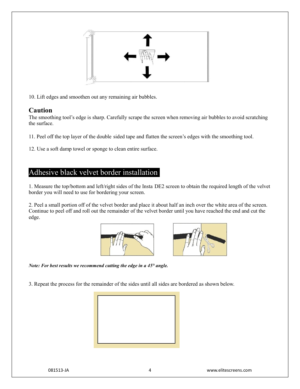 Adhesive black velvet border installation, Caution | Elite Screens Insta-DE2 User Manual | Page 4 / 5