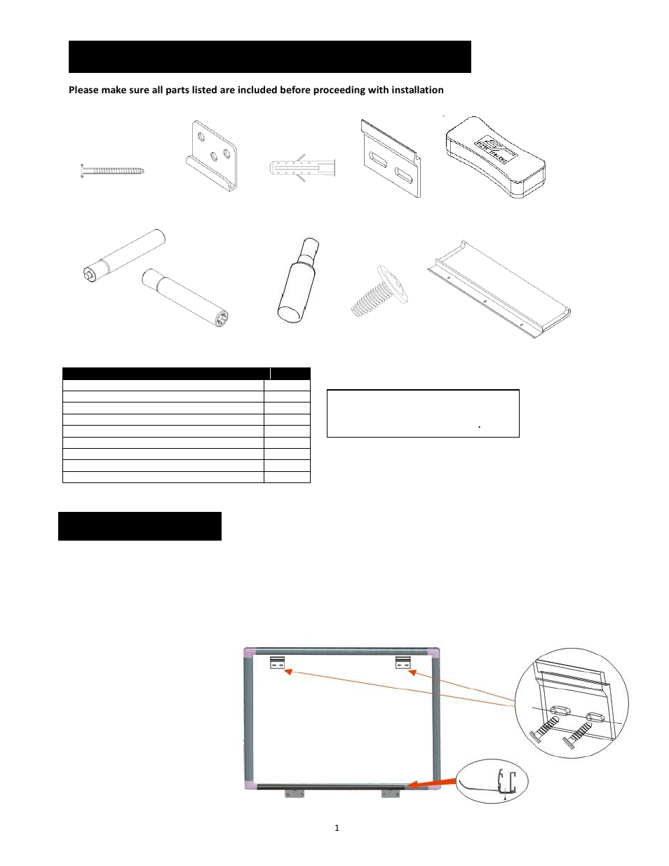 Installation, Parts list for whiteboardscreen universal | Elite Screens WhiteBoardScreen Universal User Manual | Page 2 / 5