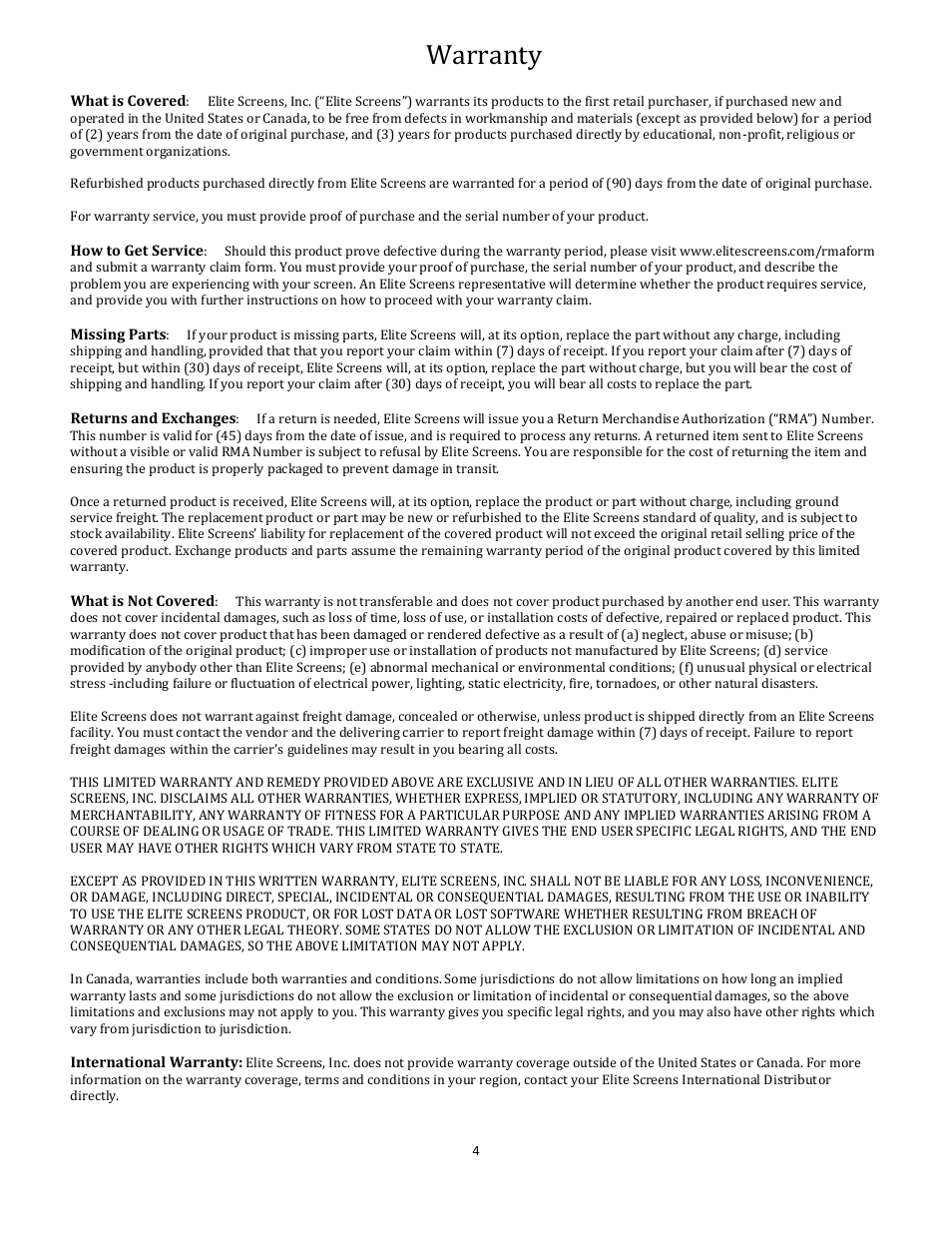 Limited warranty policy | Elite Screens WhiteBoardScreen Universal User Manual | Page 5 / 5