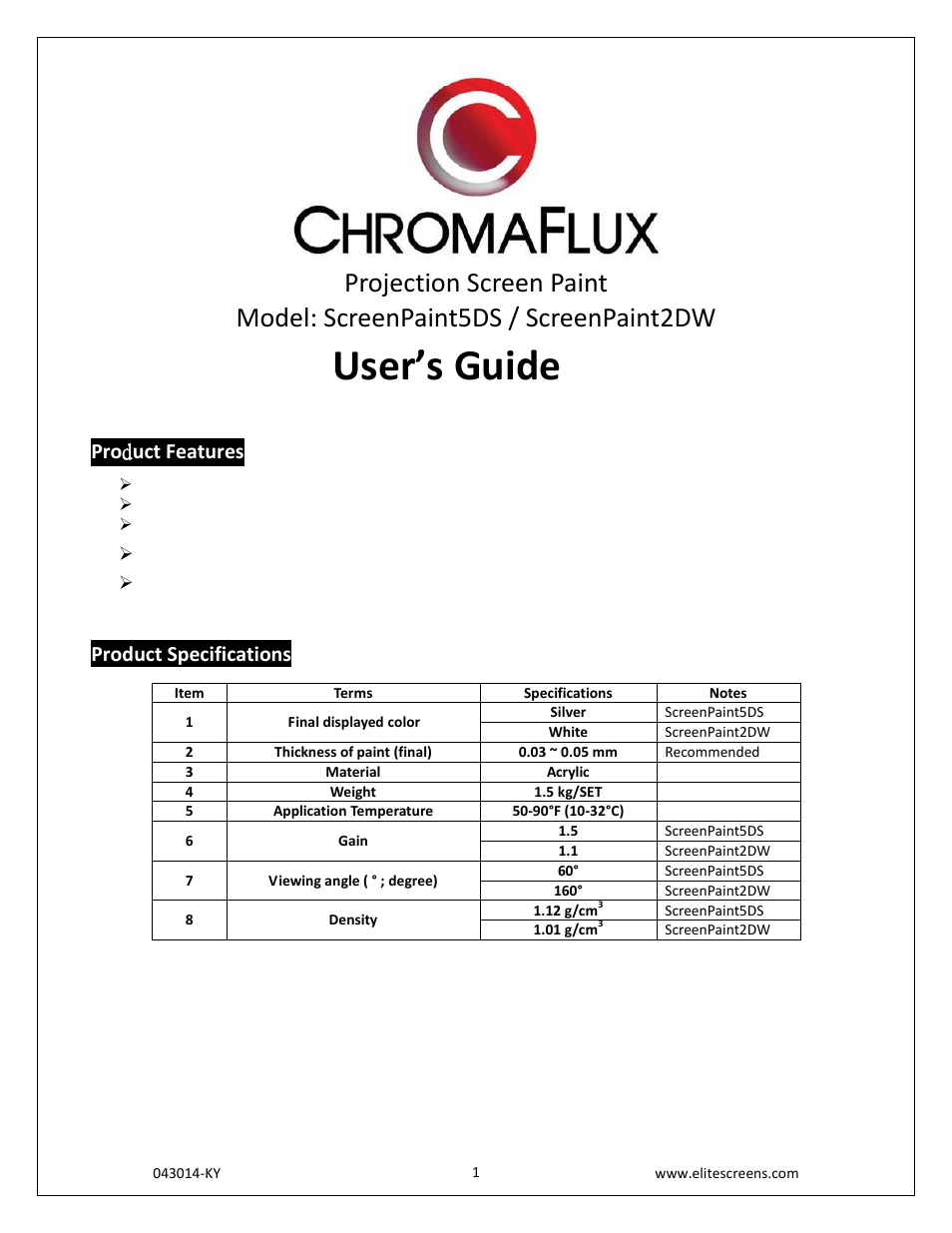 Elite Screens ChromaFlux (Water Based) User Manual | 9 pages