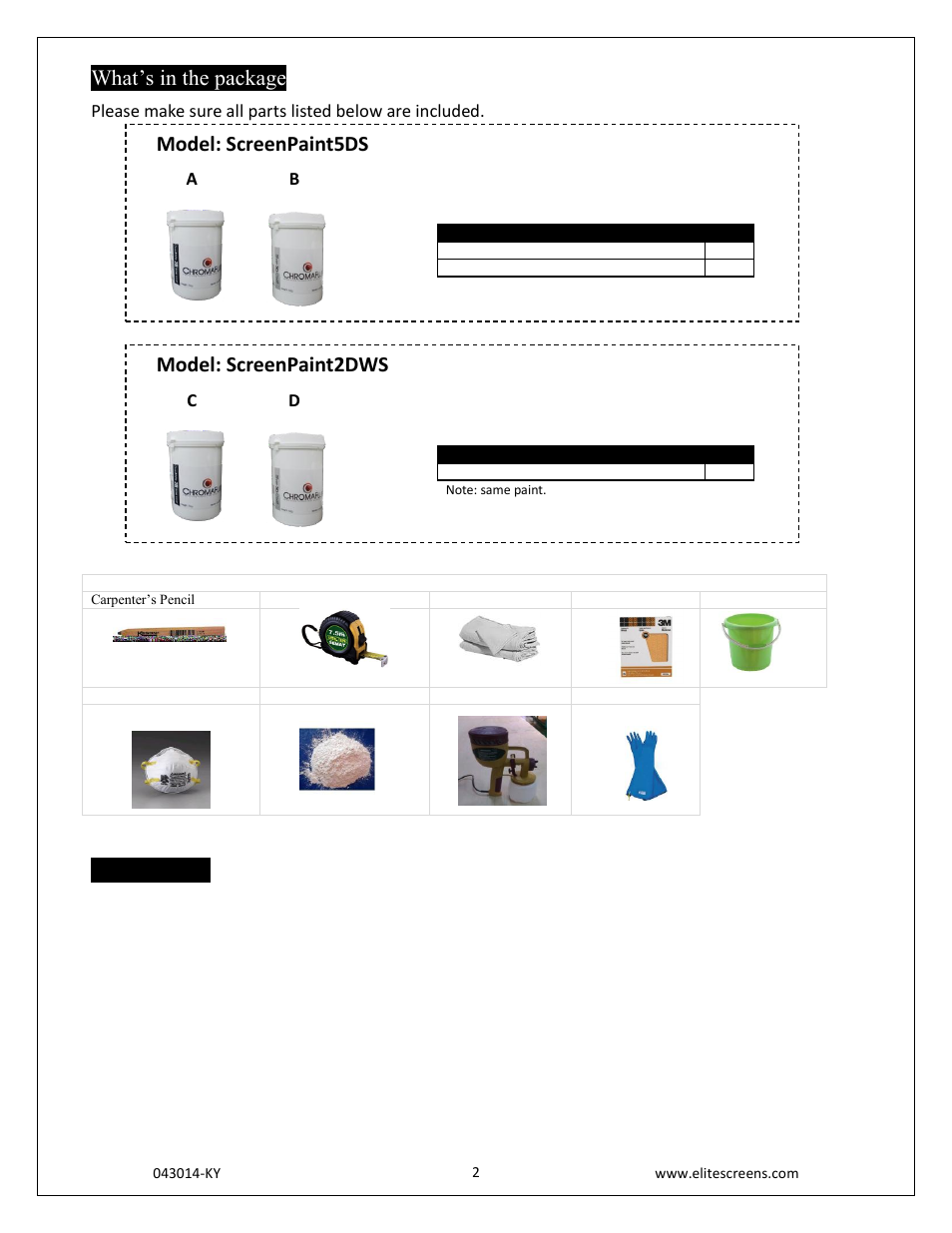 What’s in the package, Installation, Model: screenpaint2dws | Model: screenpaint5ds | Elite Screens ChromaFlux (Water Based) User Manual | Page 2 / 9