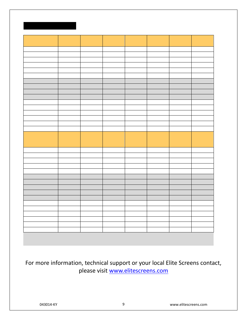 Dimensions table | Elite Screens ChromaFlux (Water Based) User Manual | Page 9 / 9