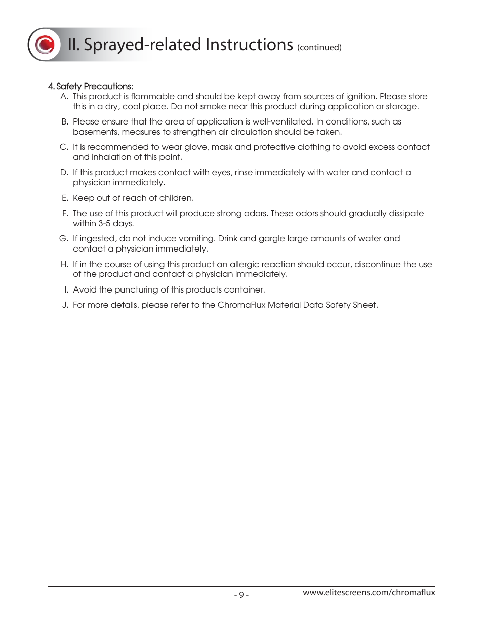 Chromaflux_p09, Ii. sprayed-related instructions | Elite Screens ChromaFlux (Standard) User Manual | Page 11 / 17