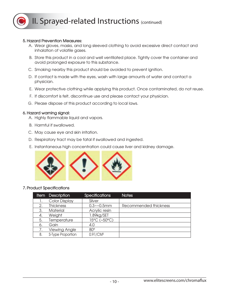 Chromaflux_p10, Ii. sprayed-related instructions | Elite Screens ChromaFlux (Standard) User Manual | Page 12 / 17