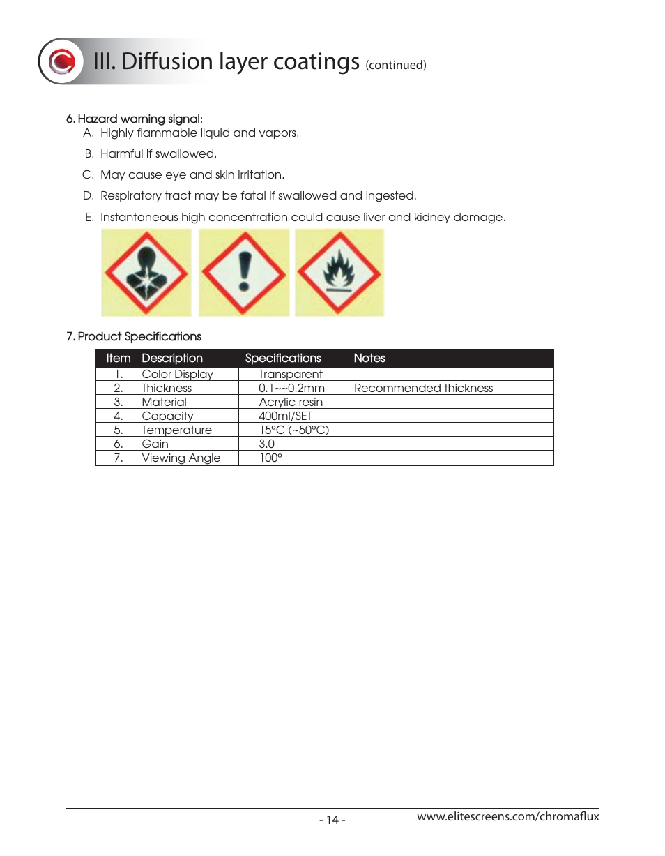 Chromaflux_p14, Iii. diffusion layer coatings | Elite Screens ChromaFlux (Standard) User Manual | Page 16 / 17