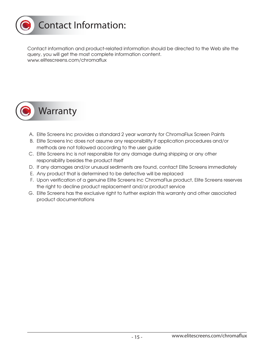 Chromaflux_p15, Contact information, Warranty | Elite Screens ChromaFlux (Standard) User Manual | Page 17 / 17