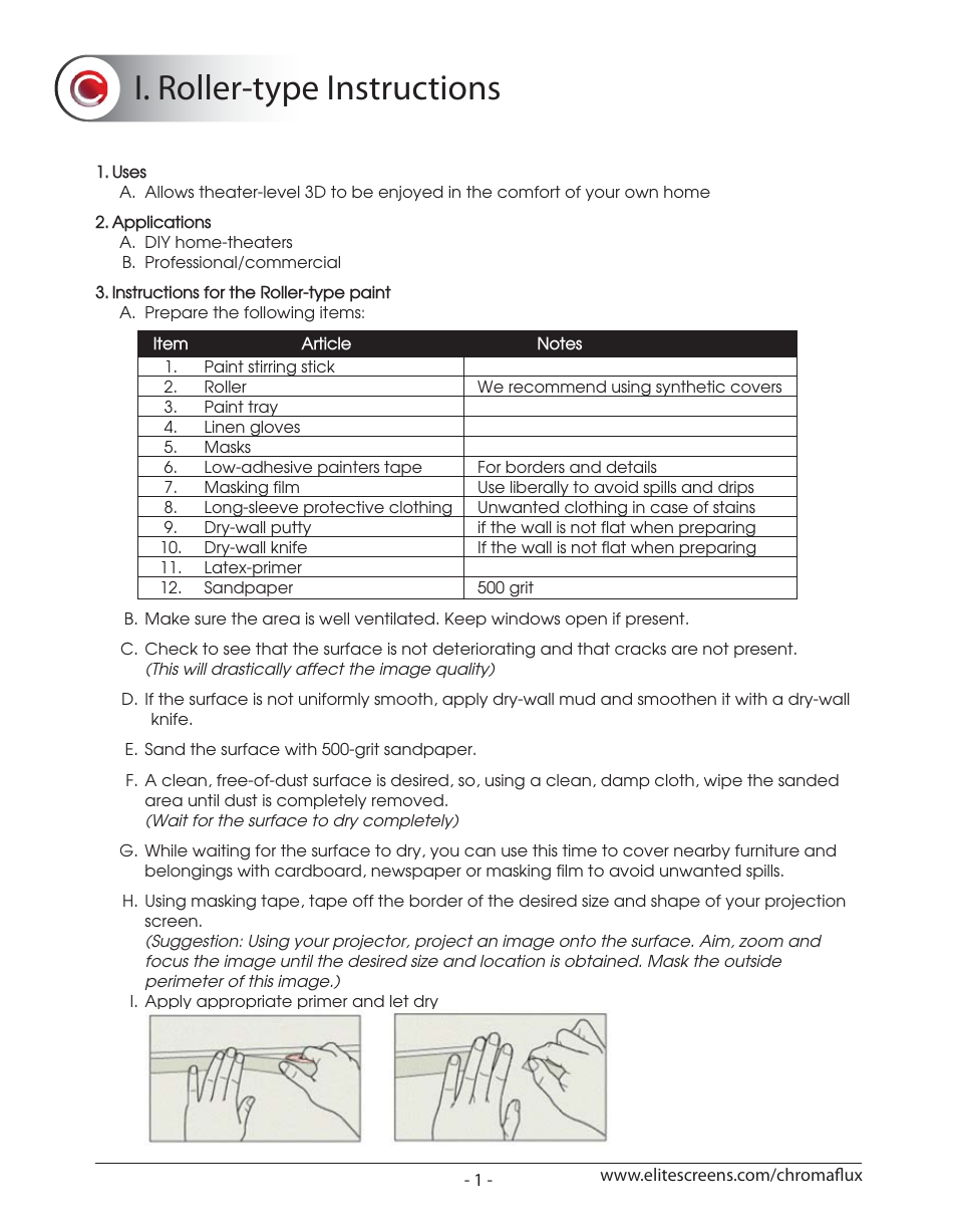 Chromaflux_p01, I. roller-type instructions | Elite Screens ChromaFlux (Standard) User Manual | Page 3 / 17
