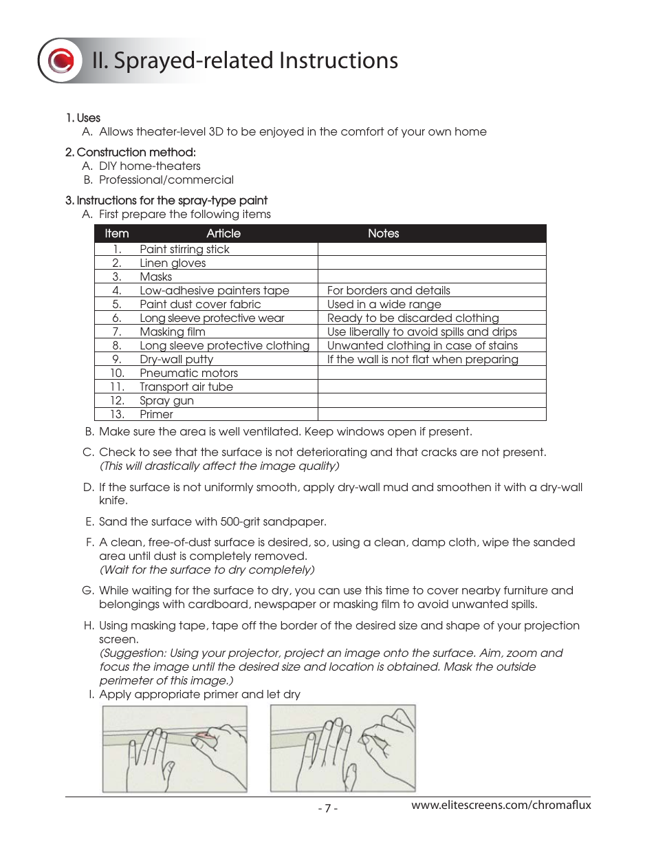 Chromaflux_p07, Ii. sprayed-related instructions | Elite Screens ChromaFlux (Standard) User Manual | Page 9 / 17