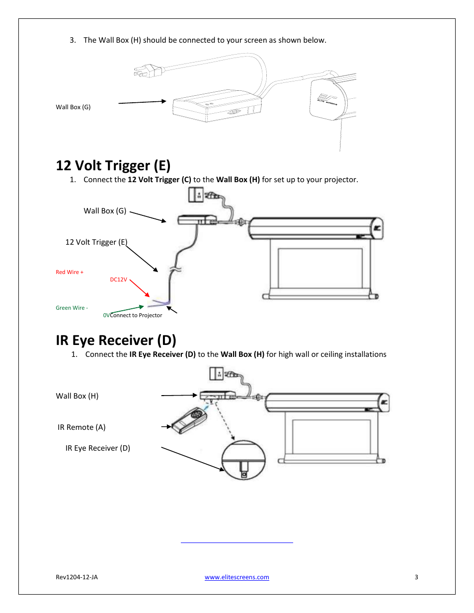 12 volt trigger (e), Ir eye receiver (d) | Elite Screens ZPM-RT User Manual | Page 3 / 3