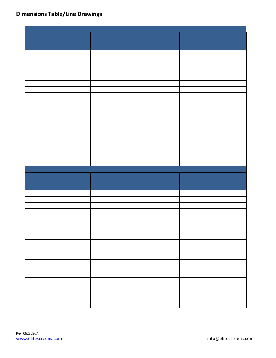Dimensions table/line drawings | Elite Screens Spectrum Series User Manual | Page 6 / 8