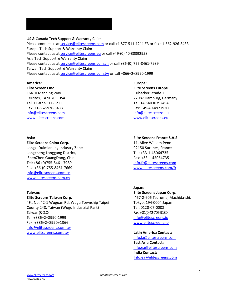 Contact info | Elite Screens ZCU5 User Manual | Page 10 / 10