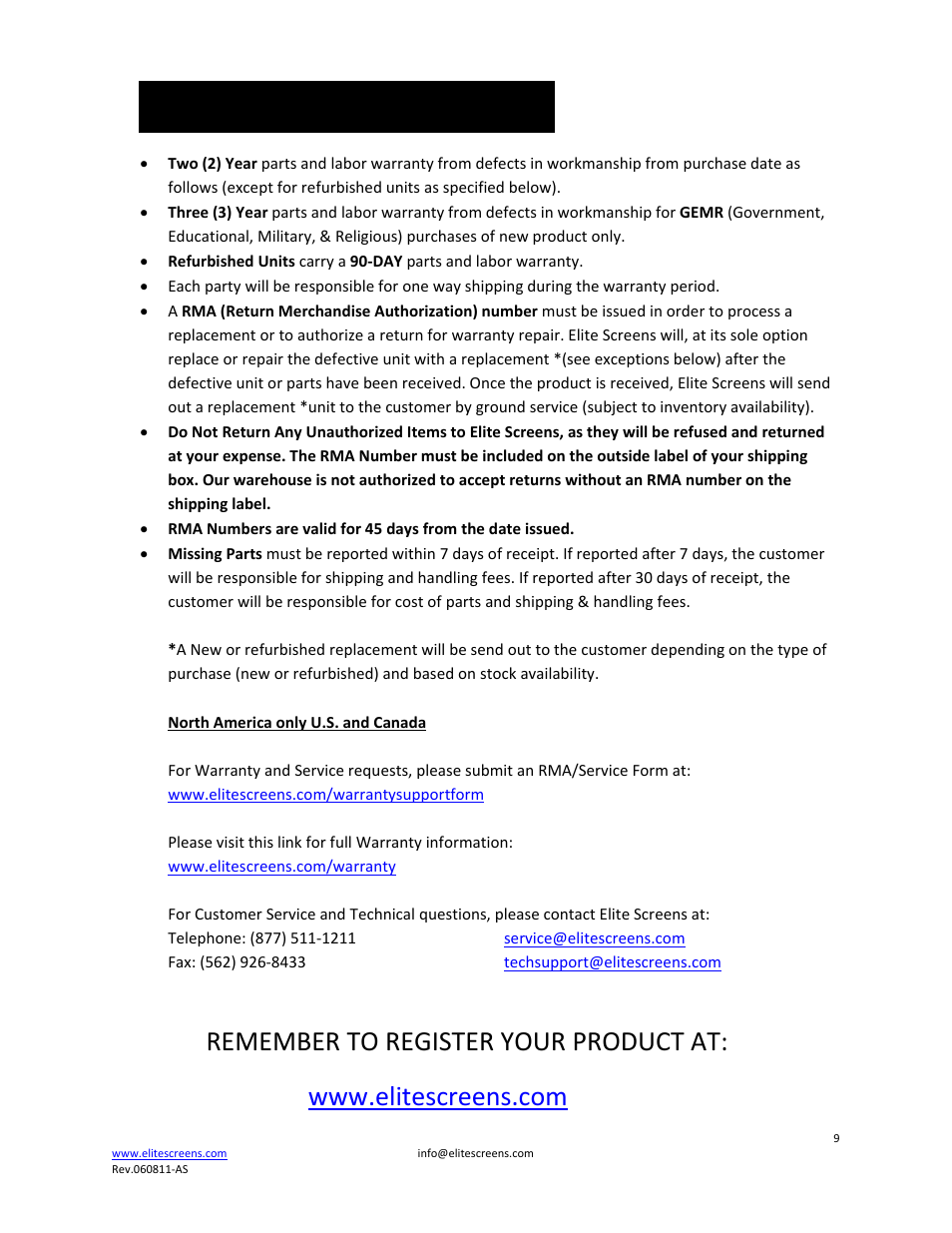 Warranty policy | Elite Screens ZCU5 User Manual | Page 9 / 10
