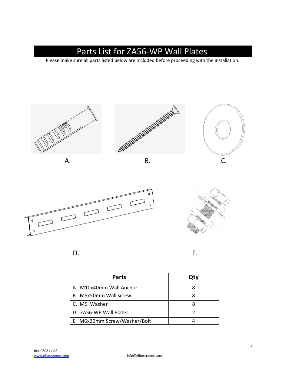 Parts list for za56, Parts list for za56-wp wall plates | Elite Screens ZA56-WP User Manual | Page 2 / 6