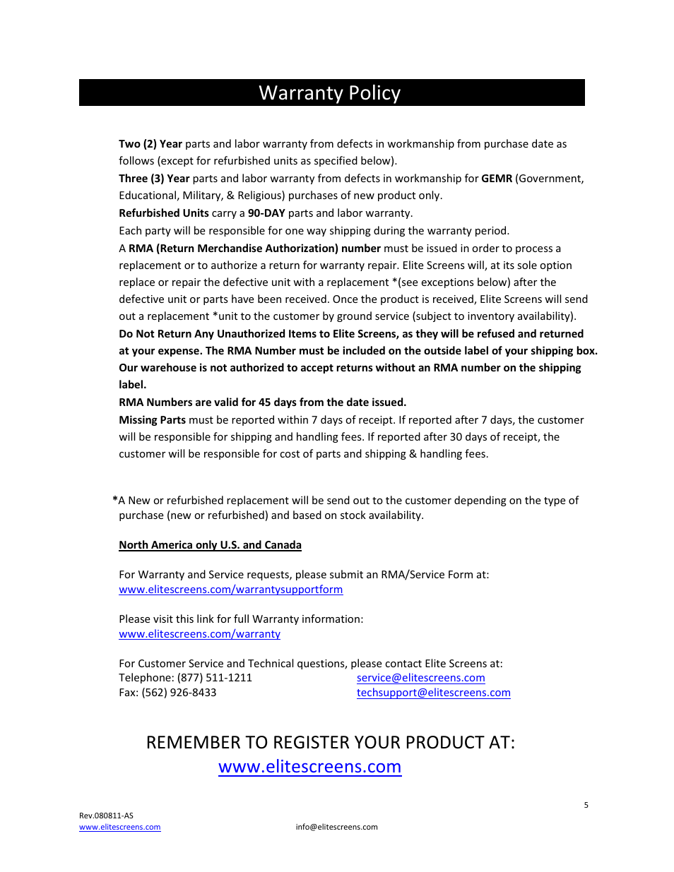 Warranty policy | Elite Screens ZA56-WP User Manual | Page 5 / 6