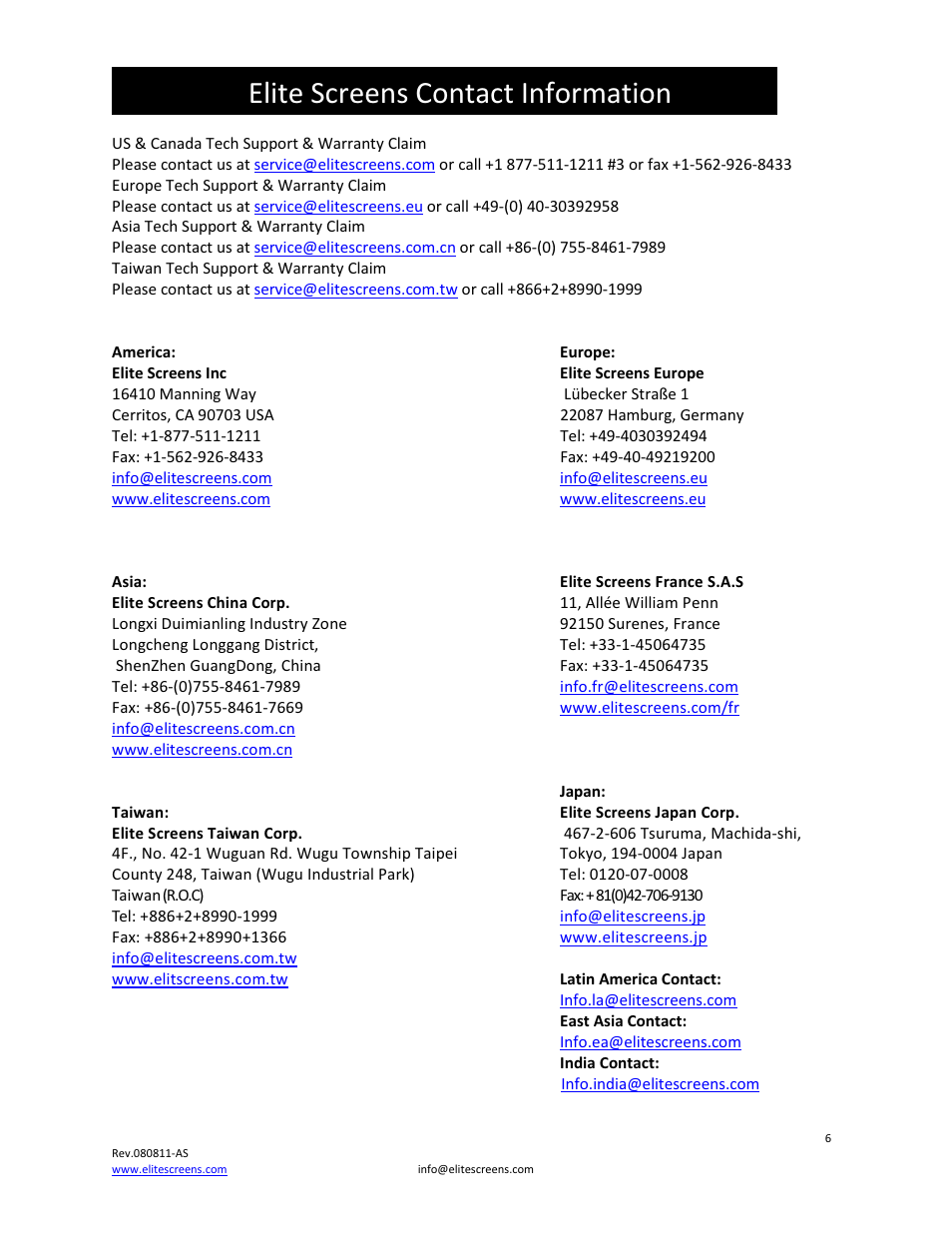 Elite screens contact information | Elite Screens ZA56-WP User Manual | Page 6 / 6