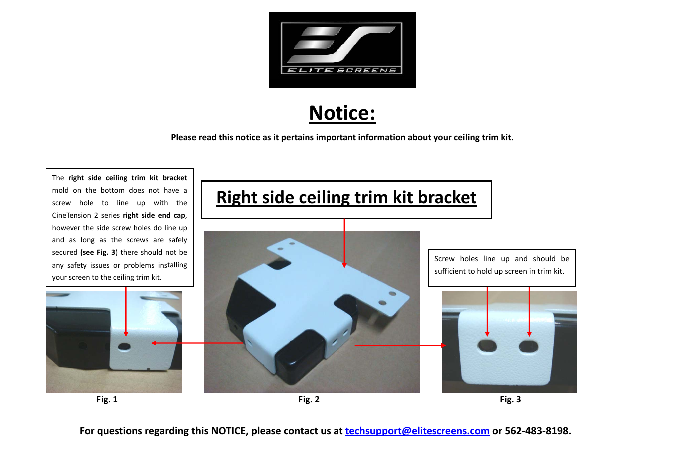 Notice, Right side ceiling trim kit bracket | Elite Screens CineTension2 Ceiling Kit User Manual | Page 2 / 9