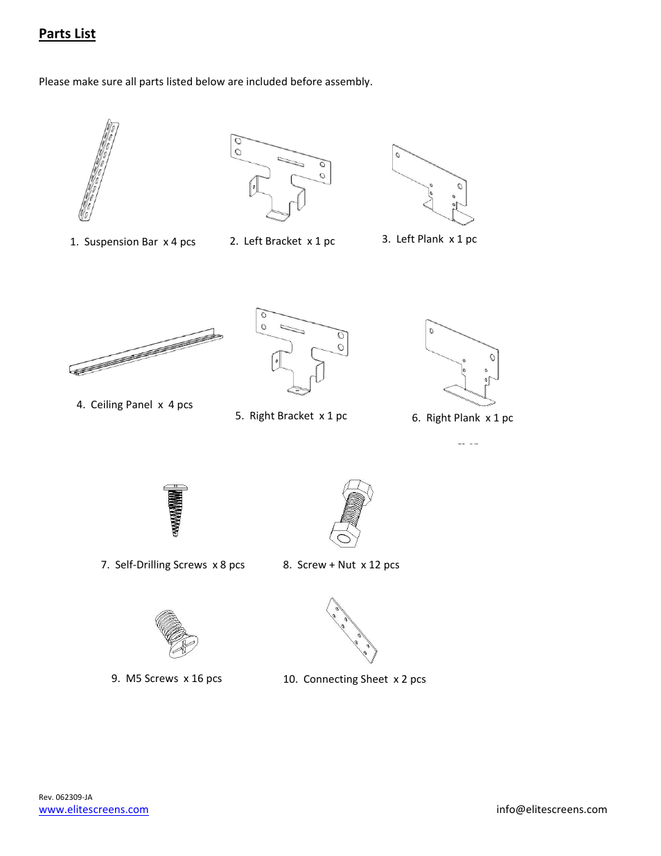 Parts list | Elite Screens CineTension2 Ceiling Kit User Manual | Page 3 / 9