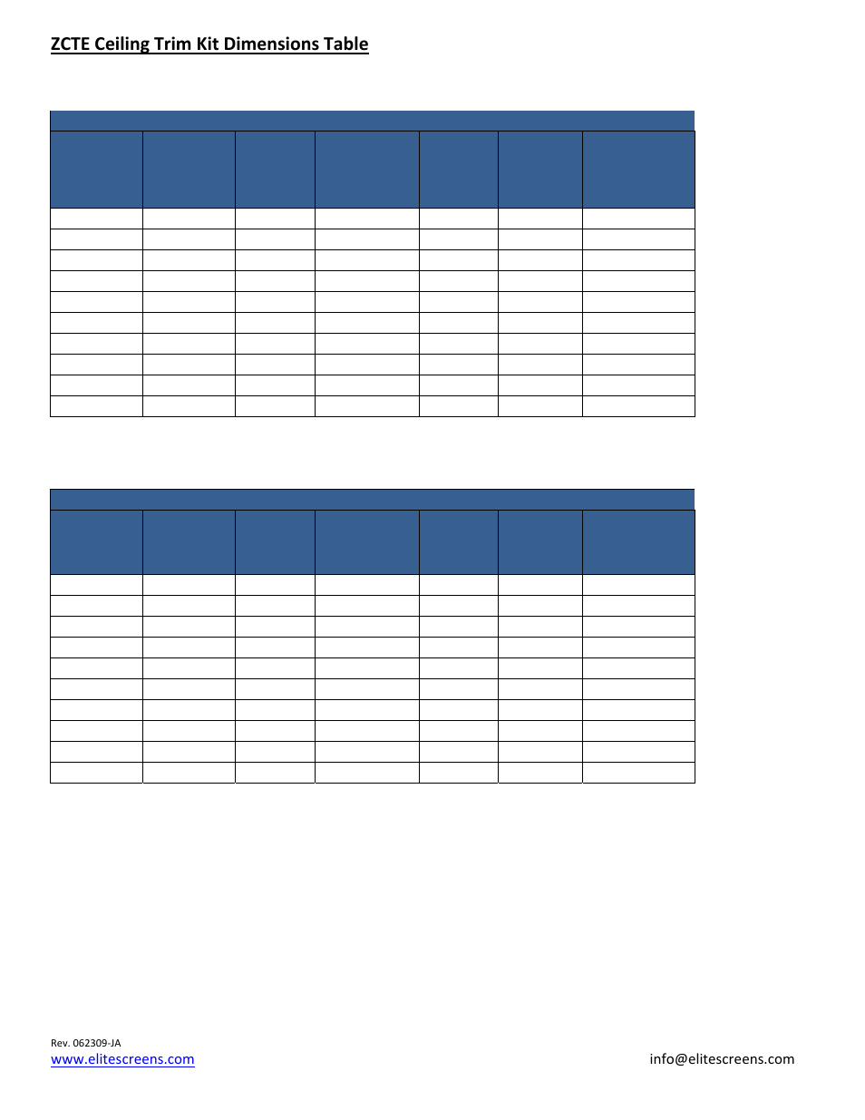 Zcte ceiling trim kit dimensions table | Elite Screens CineTension2 Ceiling Kit User Manual | Page 7 / 9