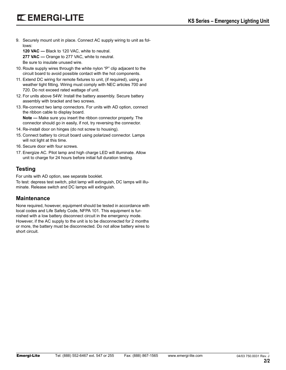 Ks series – emergency lighting unit, Testing, Maintenance | Emergi-Lite KS Series User Manual | Page 2 / 2