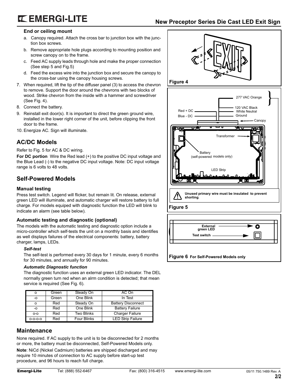 New preceptor series die cast led exit sign, Ac/dc models, Self-powered models | Maintenance | Emergi-Lite Preceptor Series User Manual | Page 2 / 2
