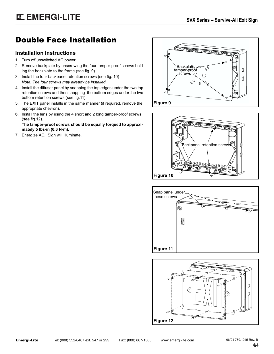 Double face installation, Svx series – survive-all exit sign, Installation instructions | Emergi-Lite Survive-All SVX Series User Manual | Page 4 / 4