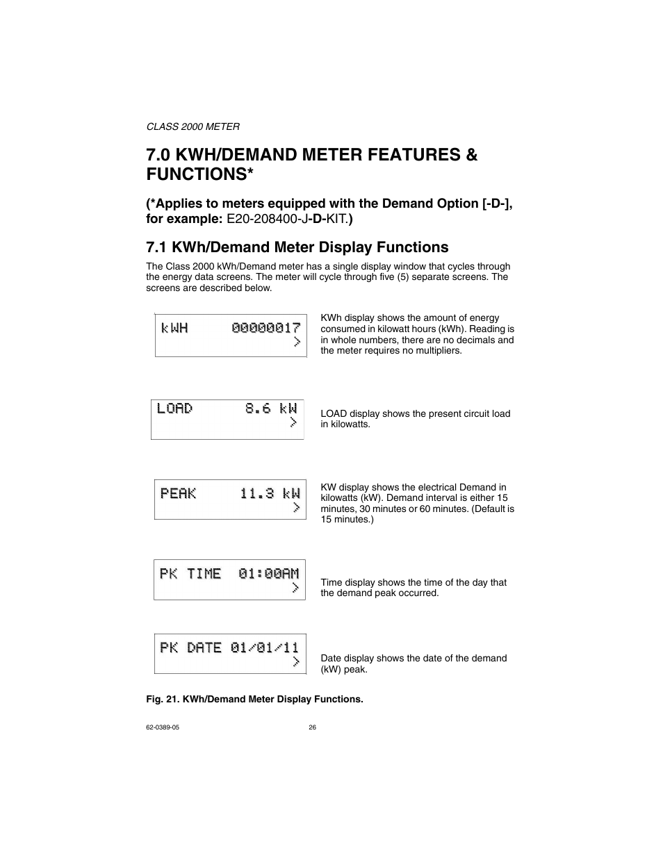 0 kwh/demand meter features & functions, 1 kwh/demand meter display functions | E-Mon E20-6003200J-D-KIT User Manual | Page 26 / 52