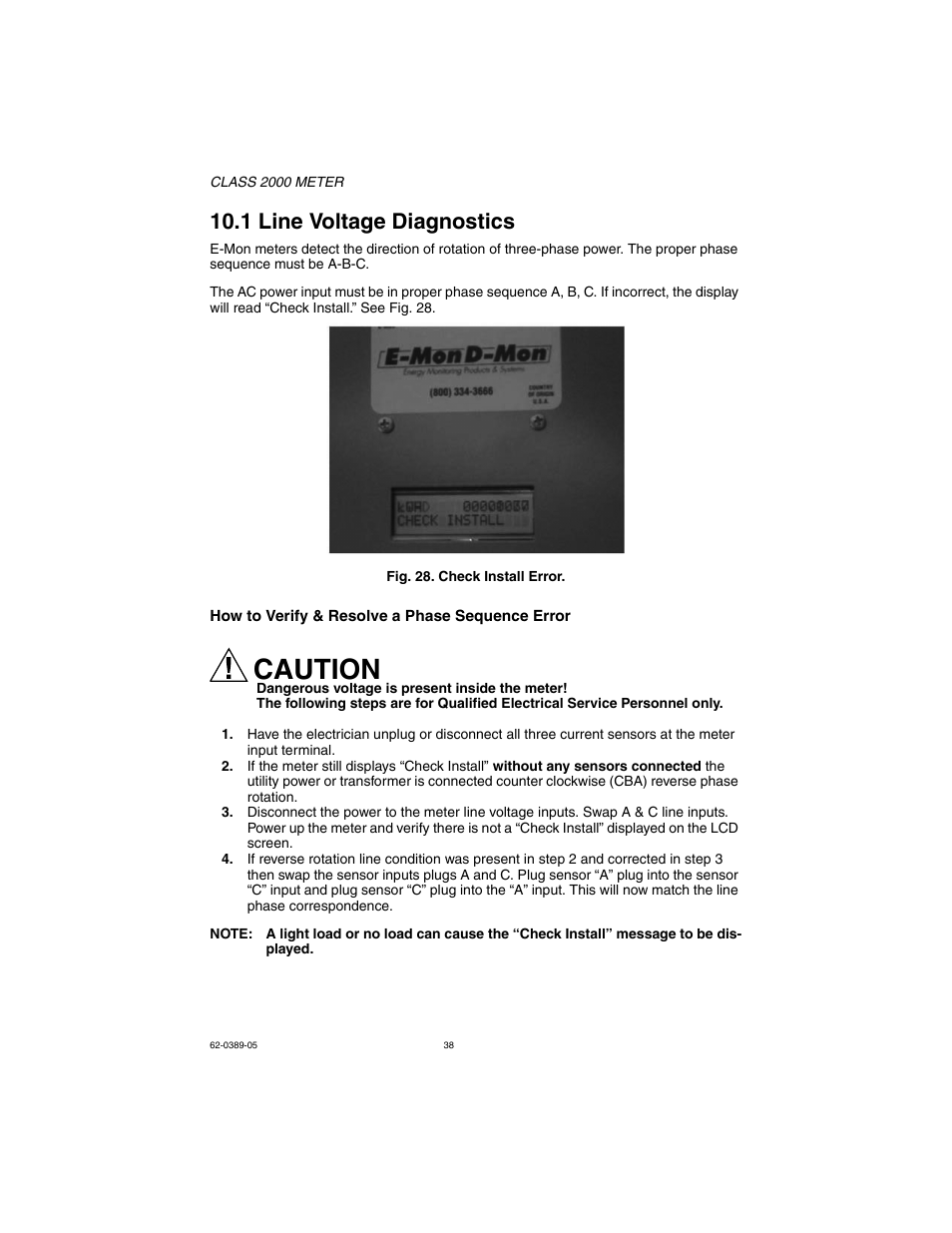1 line voltage diagnostics, How to verify & resolve a phase sequence error, Caution | E-Mon E20-6003200J-D-KIT User Manual | Page 38 / 52