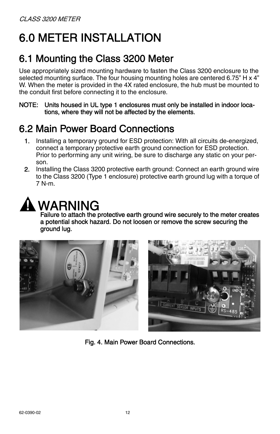 Warning, 0 meter installation, 2 main power board connections | E-Mon E32-6003200REZ7KIT User Manual | Page 12 / 52