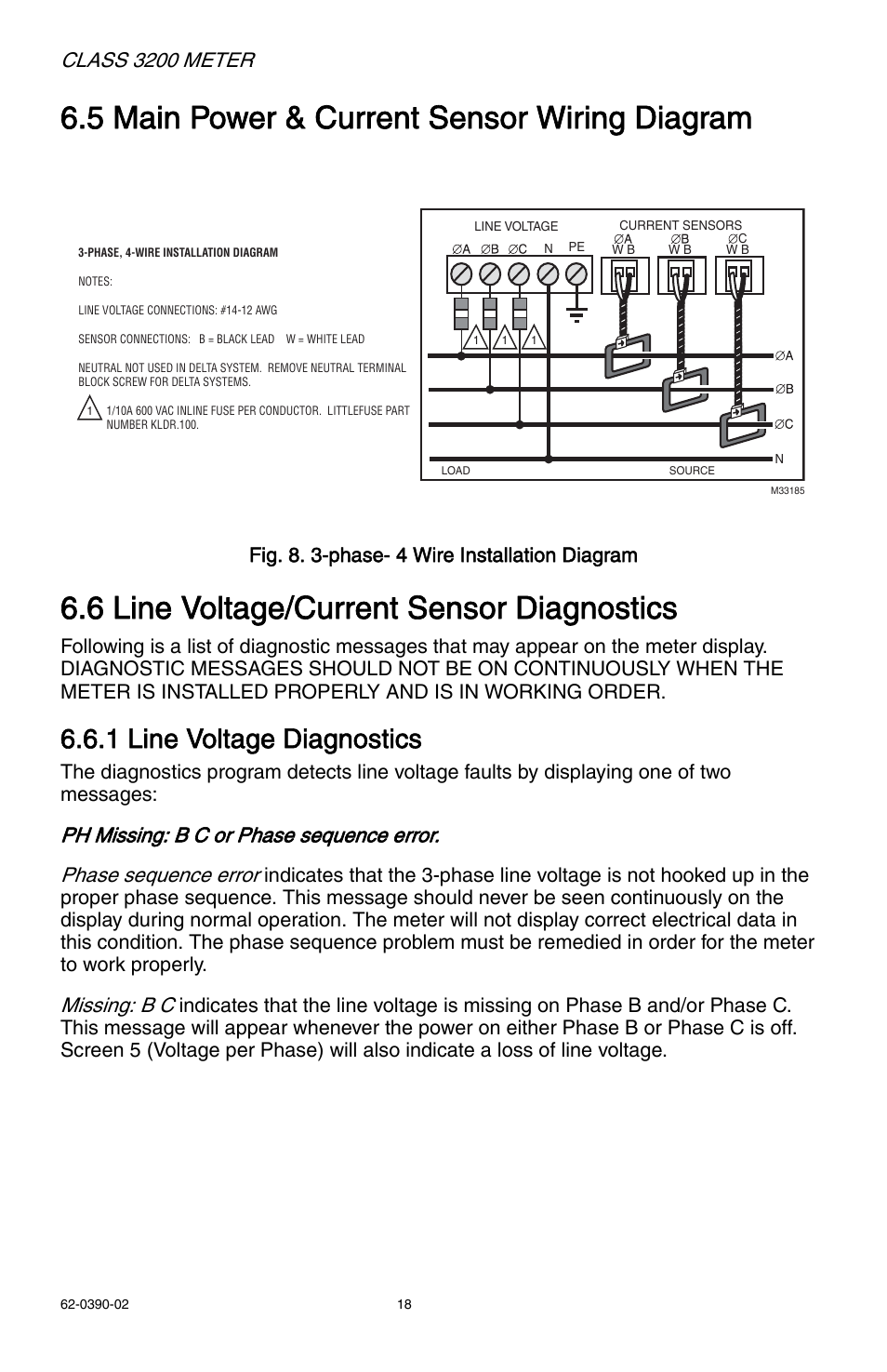 5 main power & current sensor wiring diagram, 6 line voltage/current sensor diagnostics, 1 line voltage diagnostics | Class 3200 meter, Missing: b c, Fig. 8. 3-phase- 4 wire installation diagram | E-Mon E32-6003200REZ7KIT User Manual | Page 18 / 52