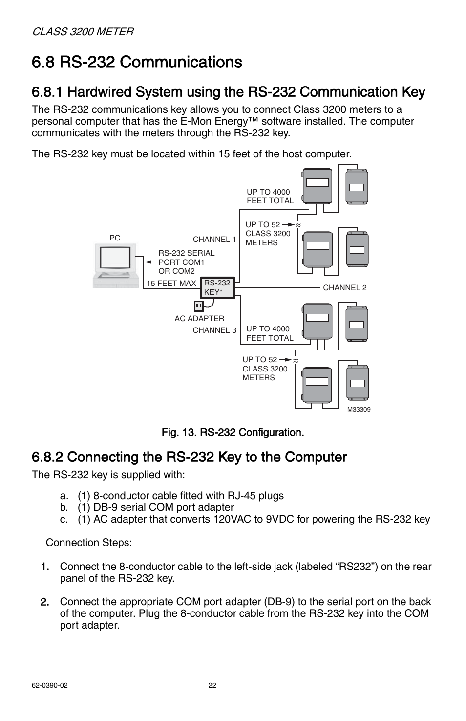 8 rs-232 communications, 2 connecting the rs-232 key to the computer, Class 3200 meter | E-Mon E32-6003200REZ7KIT User Manual | Page 22 / 52